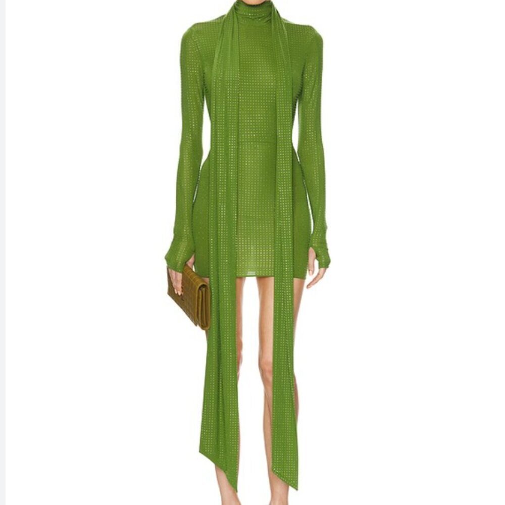 Alex Perry Fern Green Crystal Embellished Long-Sleeve Scarf-Neck Mini Dress - Picture 5 of 9